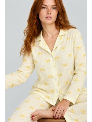Fit Women Kadın Çizgili Fiyonk Desenli Sarı Uzun Kollu Pijama Takımı 4796