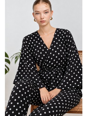 Fit Women Kadın Kruvaze Kuşaklı Siyah Ikili Pijama Takımı 4803
