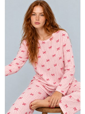 Fit Women Kadın Çizgili Rahat Kalıp Ikili Açık Pembe Pijama Takımı 4805