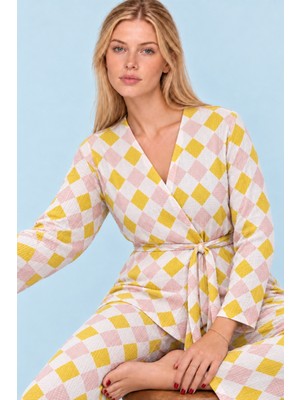 Fit Women Kadın Desenli Ev Stili Kuşaklı Sarı Pijama Takımı 4807
