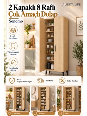 2 Kapaklı 8 Raflı Mutfak Dolabı | Banyo Dolabı | Kiler Dolabı - Sonomo