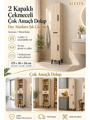 2 Kapaklı Çekmeceli 4 Raflı Mutfak Dolabı | Banyo Dolabı | Kiler Dolabı | Çok Amaçlı Dolap - Sonomo