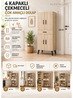 4 Kapaklı Çekmeceli Mutfak Dolabı | Banyo Dolabı | Çok Amaçlı Dolap - Sonomo