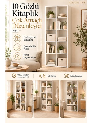 Alesta Life 10 Göz Raflı Beyaz Kitaplık Suntalam Malzeme ile 162 cm Yükseklik ve 55 cm Genişlik