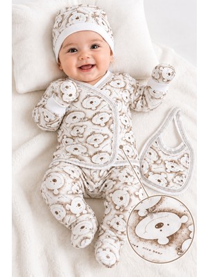 Hece Bebe %100 Pamuklu 5 Parça Yenidoğan Mutlu Ayıcık Desenli Hastane Çıkışı Seti – Bebek Zıbın Takımı, Şapka, Önlük, Eldiven