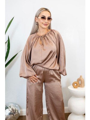 Muna Boutique Pudra Saten Alt Üst Takım