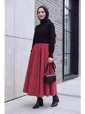 Moda Morfo Beli Lastikli Ekoseli Mevlana Etek -Kırmızı