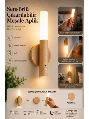 Chermik Sensörlü Şarjlı Meşale Aplik Kablosuz LED Duvar Lambası Çıkarılabilir Dekoratif Gece Işığı WB-3022