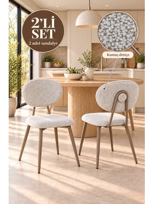 Sabaz Rugga 2’li Krem Bukle Kumaş Cappuccino Metal Ayaklı Mutfak ve Yemek Odası Sandalyesi