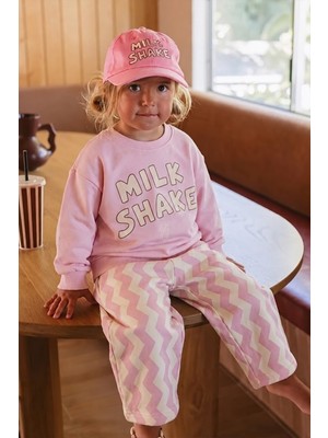 Monila Kız Çocuk 3 Iplik Pamuklu Kumaş Pembe Milk Shake Baskılı Alt Üst Takım