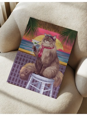 Des Vu Print Martini Içen Kedi Posteri, Kedi Temalı Çerçevesiz Poster