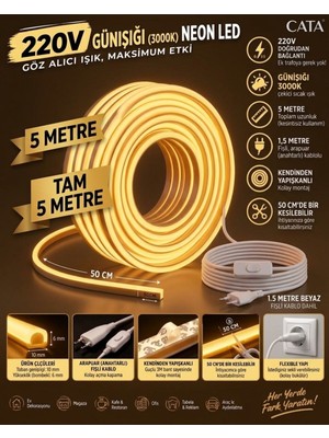 Econa 5 Metre 3000K-GÜNIŞIĞI 220V Neon LED Şerit ,tak Çalıştır Set, Fişli Anahtarlı Esnek Şerit Led, ,turuncu Led,mutfak,tezgah Ledi,led Şerit Işık ,ambiyans Işık Havuzu, Kendinden Yapışkanlı,kehribar LED