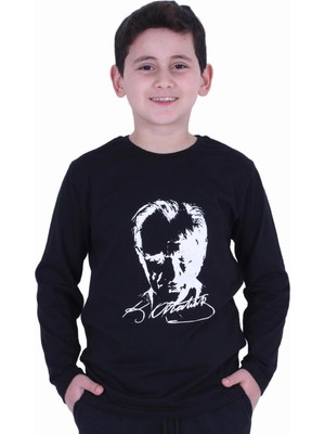 Markahit Atatürk Baskılı Uzun Kol Baskılı Atatürk Imzalı Unisex Çocuk T-Shırt
