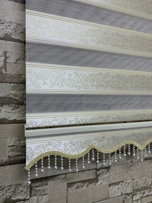 Perdeciniz Sarı Simli Jakarlı Sarmaşık Desen Zebra Perde(Etek Boncuklu) Enxboy