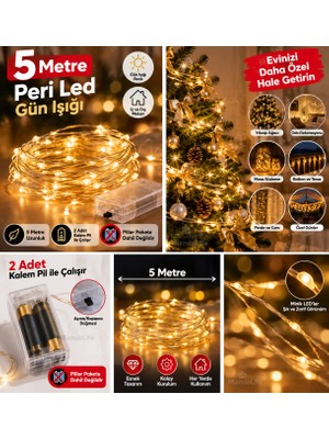 MixmioLife Peri LED 5 Metre Gün Işığı Pilli Dekoratif Tel LED Yılbaşı Ağacı Oda Balkon Süsleme Işığı