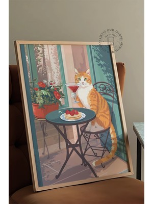 Des Vu Print Martini Içen Kedi Posteri, Kedi Temalı Çerçevesiz Poster
