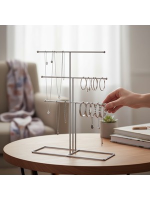 Decorelax Metal Takı Standı Gümüş – Masaüstü Kolye Küpe Bileklik Askısı Yüzük Düzenleyici Organizer (Model 3)