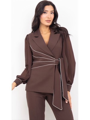 Dorne Moda Kadın Krep Taş Işlemeli Şifon Kollu Ceket Pantolon Ikili Takım
