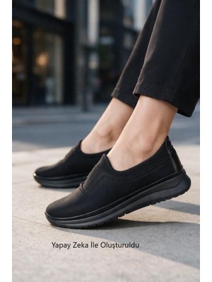 Wanetti Kadın Zümrüt Siyah Comfort Taban Bağcıksız Taşlı Atom 37-41 Numara Anne Ayakkabı