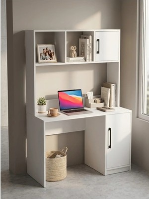 Çalışma Masası Modern Kitaplıklı Raflı ve Dolaplı Beyaz Bilgisayar Masası Ev Ofis Masası