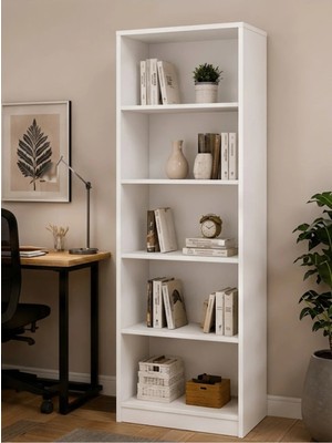 Kitaplık 5 Raflı Beyaz Kitaplık 55 cm - Çalışma Odası, Ofis ve Dar Alanlar Için Çok Amaçlı Dolap