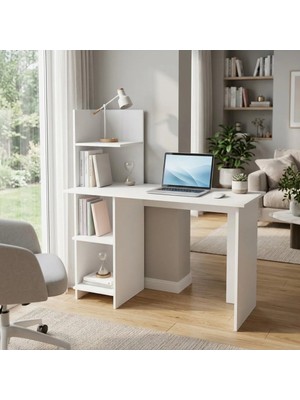Çalışma Masası Entegre Kitaplıklı Ders ve Bilgisayar Masası Odalara Uygun Minimalist Beyaz