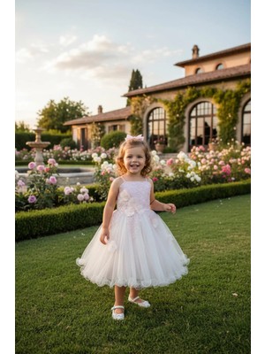Dide Kids Dide Kız Çocuk Pudra Pembe Lazer Kesimli Dantelli Abiye Elbise