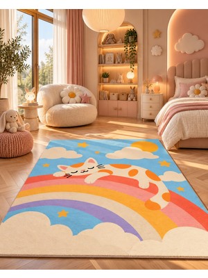 Has 1950 Gökkuşağında Uyuyan Kedi Desenli Dijital Baskı Halı - Pastel Çocuk Odası Halısı
