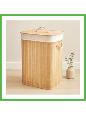 Bezos Bambu Kirli Çamaşır Sepeti 40X30X60 cm - Kapaklı Ipli Kumaş Torbalı Arz
