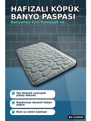 Burada Bulabilirsin Hafızalı Köpük Banyo Paspası Gri Kaydırmaz Tabanlı Emici Ayak Paspas 1 Adet BX-316949