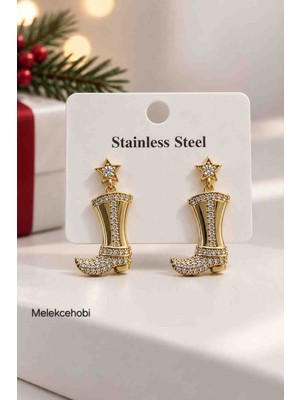 Stainless Steel Melekcehobi Çelik Gold Kovboy Çizmesi Yıldız Detaylı Zirkon Taşlı Küpe /yeni Yıl Küpesi