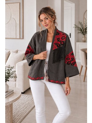 Lima Füme Kadın Nakışlı Ceket Etnik Desenli Püskül Detaylı Kimono Ceket