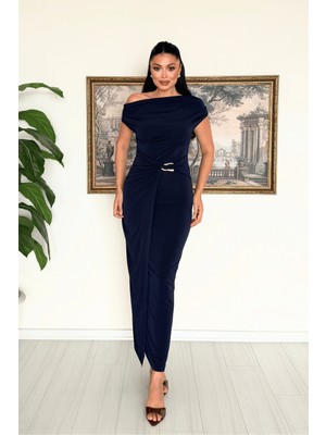 Giyimmasalı Sandy Kumaş Toka Detaylı Elbise - LACİVERT-GYM-7261
