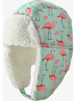 Petityu Su Geçirmez Içi Kürklü Sıcacık Kız Çocuk Bere Mint Pembe Flamingo Desenli Kayak Snowboard