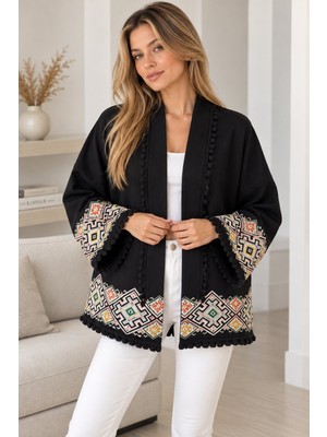 Lima Siyah Kadın Etnik Desenli Kimono Ceket Ponpon Detaylı Salaş Kesim Bohem Mevsimlik Ceket
