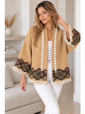 Lima Camel Kadın Etnik Desenli Kimono Ceket Ponpon Detaylı Salaş Kesim Bohem Mevsimlik Ceket