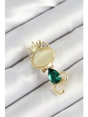 MiraLive Yeşil Damla Zirkon Taşlı Kraliçe Taçlı Kedi Figürlü Gold Renk Kadın Broş TJ-BR450