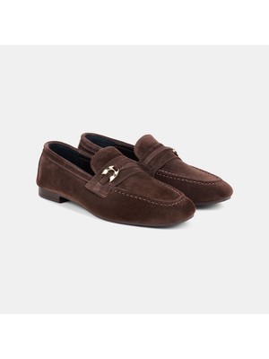 Desa Kadın Kahve Gold Aksesuarlı Slip-On Süet Loafer