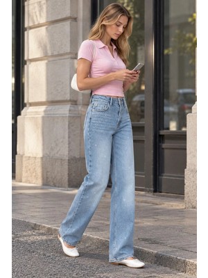 Hiccup Kadınlar Parıltılı Straight Fit Geniş Paça Jean Açık Mavi Denim