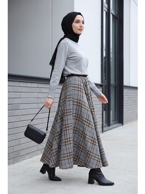 Moda Morfo Beli Lastikli Ekoseli Mevlana Etek -Gri