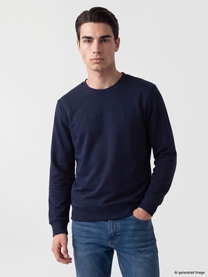 LC Waikiki Lcwaıkıkı Classic Lacivert Bisiklet Yaka Nakışlı Erkek Kalın Sweatshirt