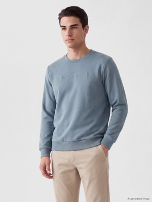 LC Waikiki Lcwaıkıkı Classic Indigo Bisiklet Yaka Baskılı Erkek Kalın Sweatshirt