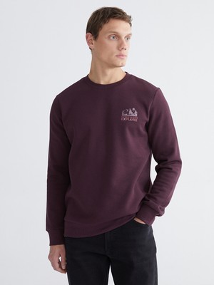 LC Waikiki Lcwaıkıkı Classic Mürdüm Bisiklet Yaka Baskılı Erkek Kalın Sweatshirt