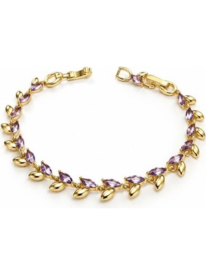 Brezza Lusso Jewelry Violetta Mor Taşlı Yaprak Model Altın Kaplama Kadın Bileklik