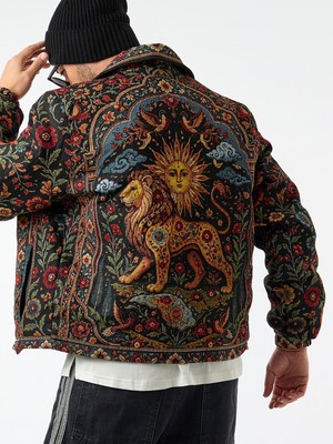 Cocopelli Goblen Kumaş Aslan Desenli Çıtçıtlı Erkek Ceket COC3594