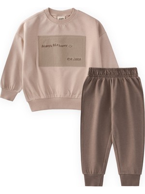 Cigit Aplikeli Mevsimlik Sweatshirt Takım 1-7 Yaş Bej