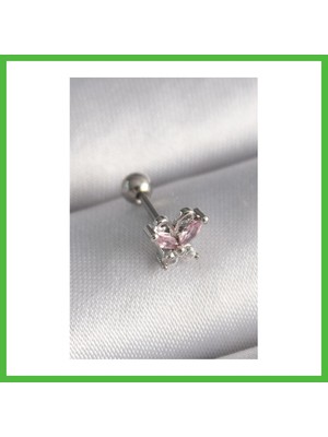 Bezos 316L Çelik Gümüş Renk Pembe Zirkon Taşlı Kelebek Tragus Piercing Arz
