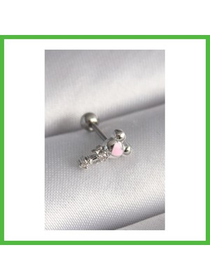 Bezos 316L Çelik Gümüş Renk Zirkon Taş Detay Pembe Kalp Işleme Tragus Piercing Arz