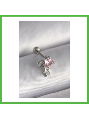 Bezos 316L Çelik Gümüş Renk Pembe Zirkon Taşlı Sallantı Yıldız Detay Tragus Piercing Arz