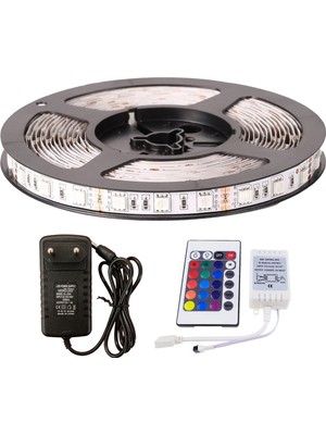 Amber LED 5 m RGB Şerit LED 12 V 24 Tuşlu Kumandalı Esnek Tasarım 5050 3 Çipli Aydınlatma